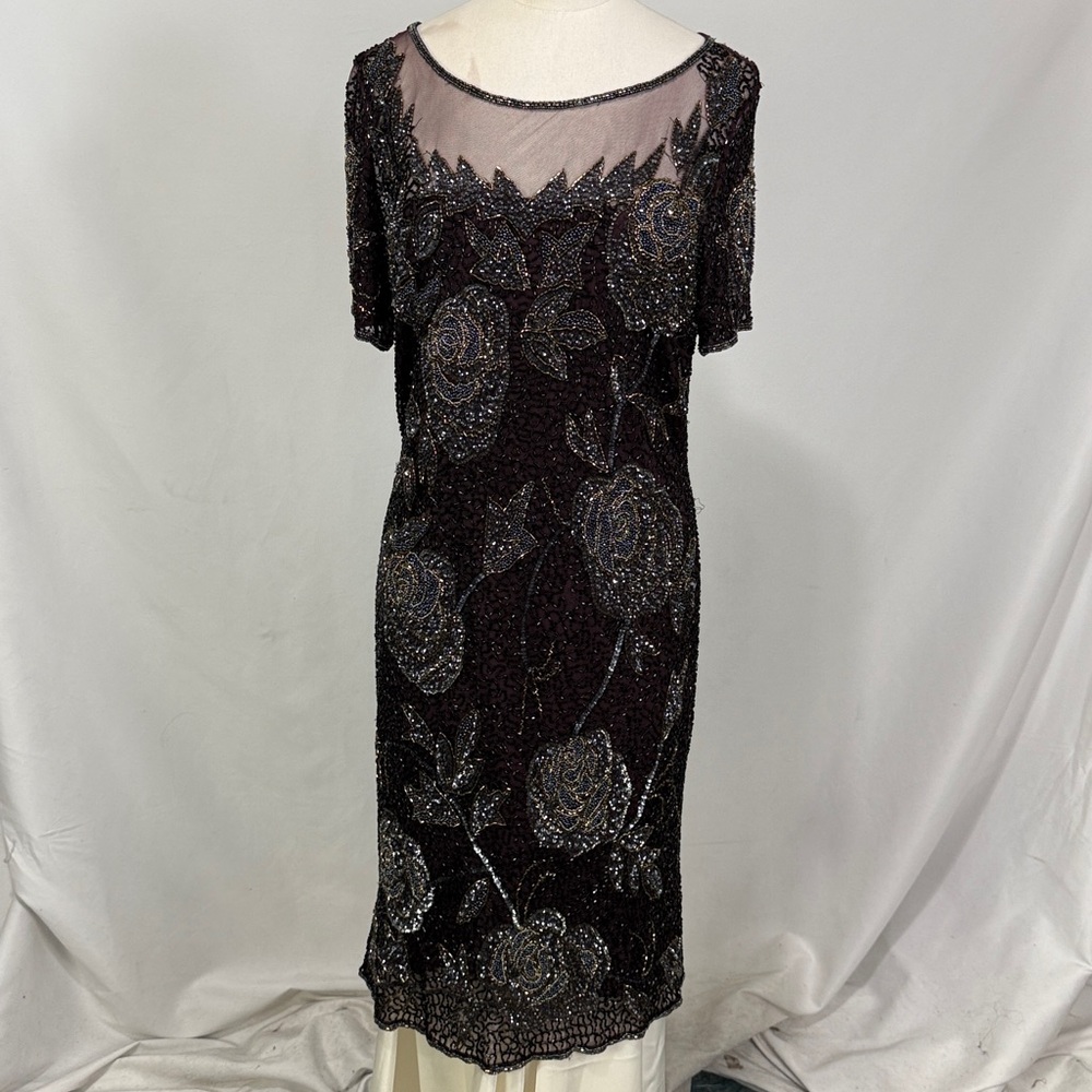 Pisappo Nights Size 10 Vintage Burgundy Beaded Floral Print Dress